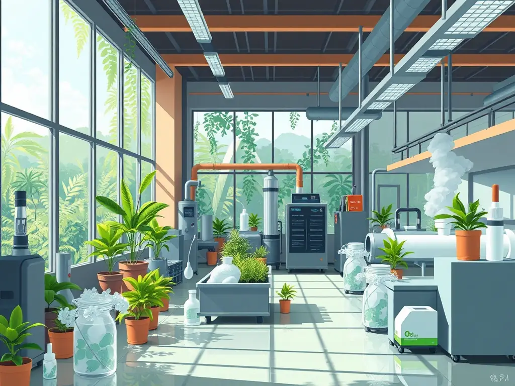 A sleek, modern vape factory in Shanghai, China, focusing on eco-friendly and sustainable manufacturing practices. The image should highlight the use of biodegradable materials and energy-efficient equipment.