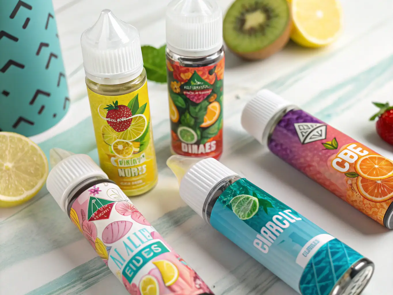 A vibrant image of various e-liquid bottles in different flavors and colors, arranged to showcase the wide range of options available.