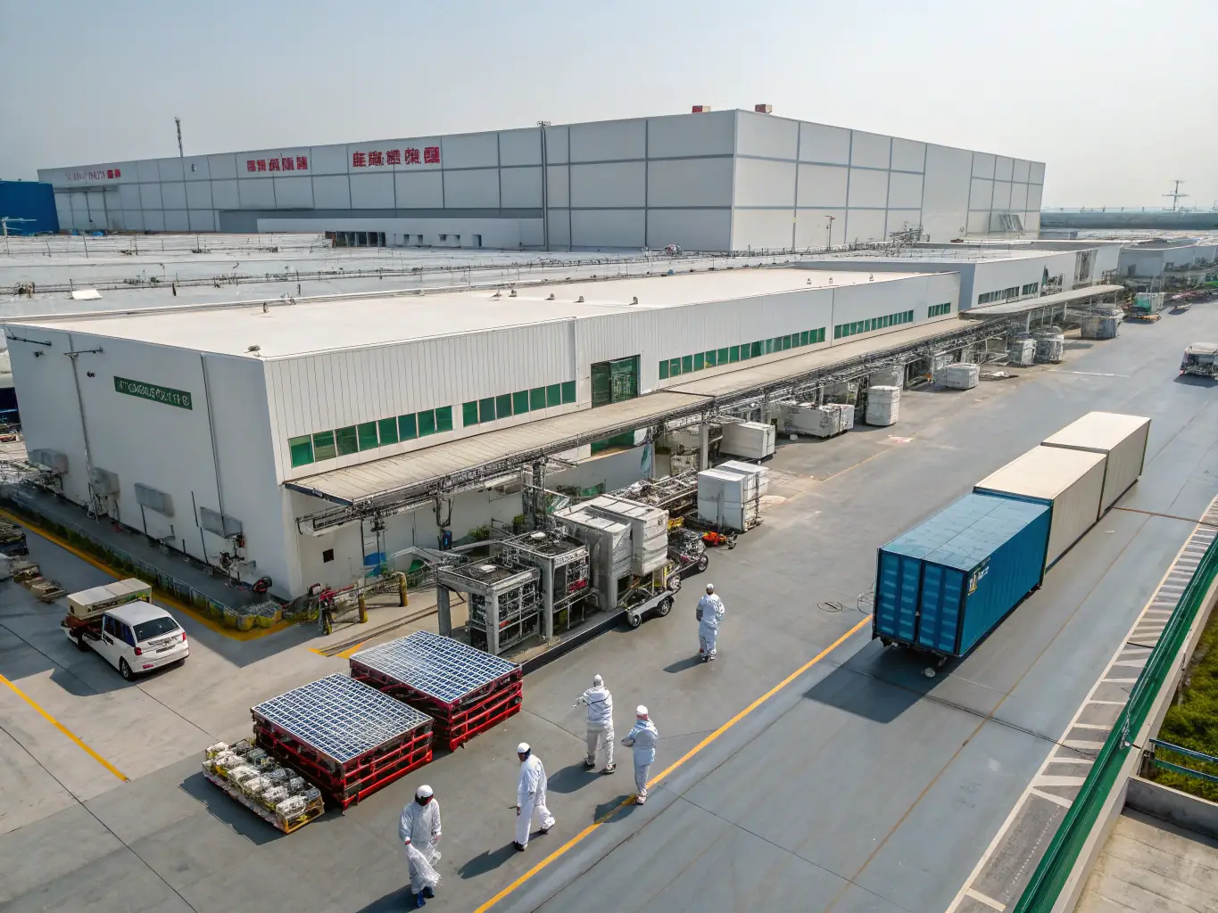 A wide shot of a vape factory in Guangzhou, China, emphasizing its large scale and production capacity. The image should convey efficiency and advanced manufacturing processes.