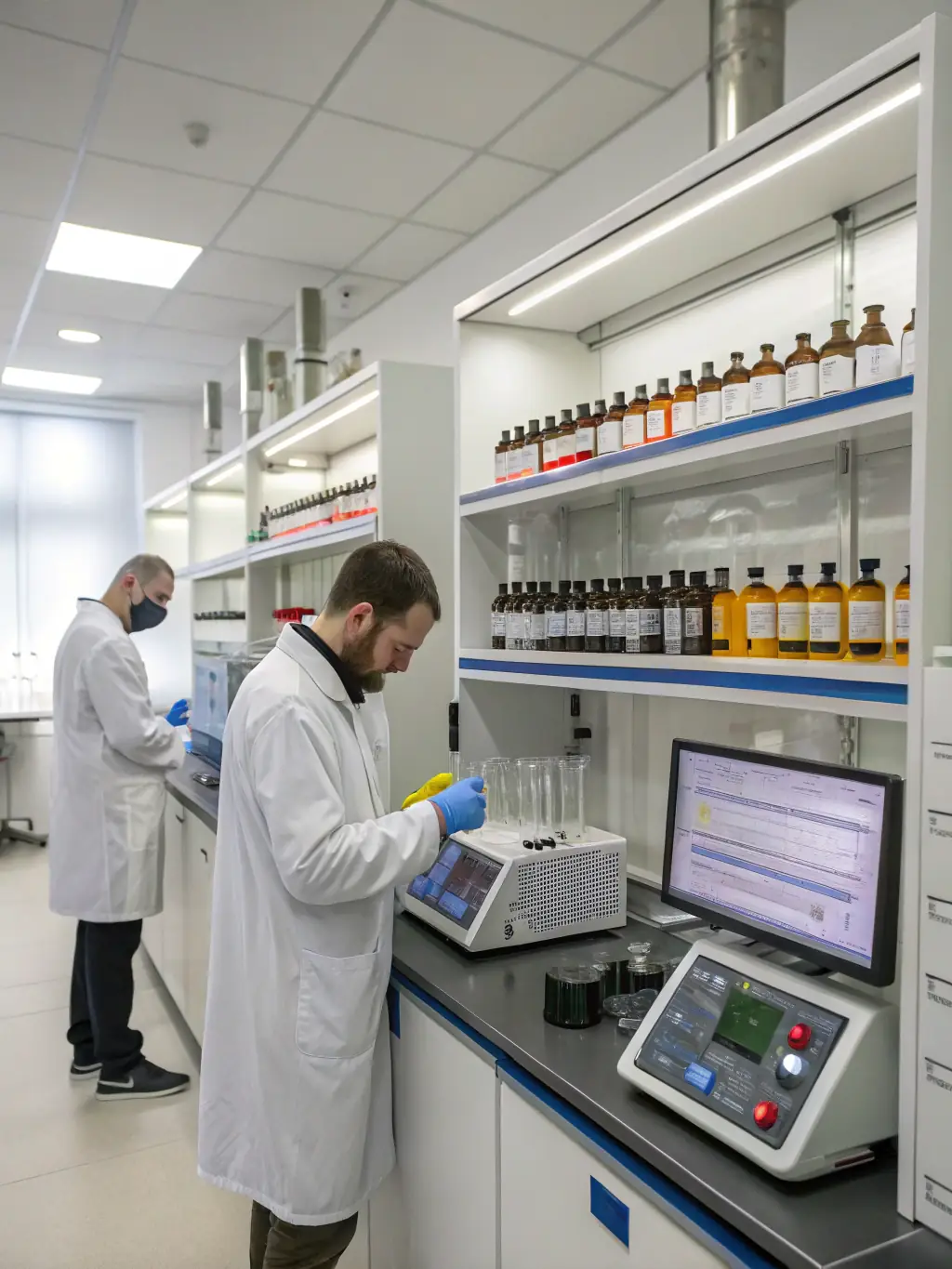 A modern Shanghai vape factory laboratory, with scientists testing e-liquids for purity and compliance, emphasizing the factory's commitment to FDA standards.