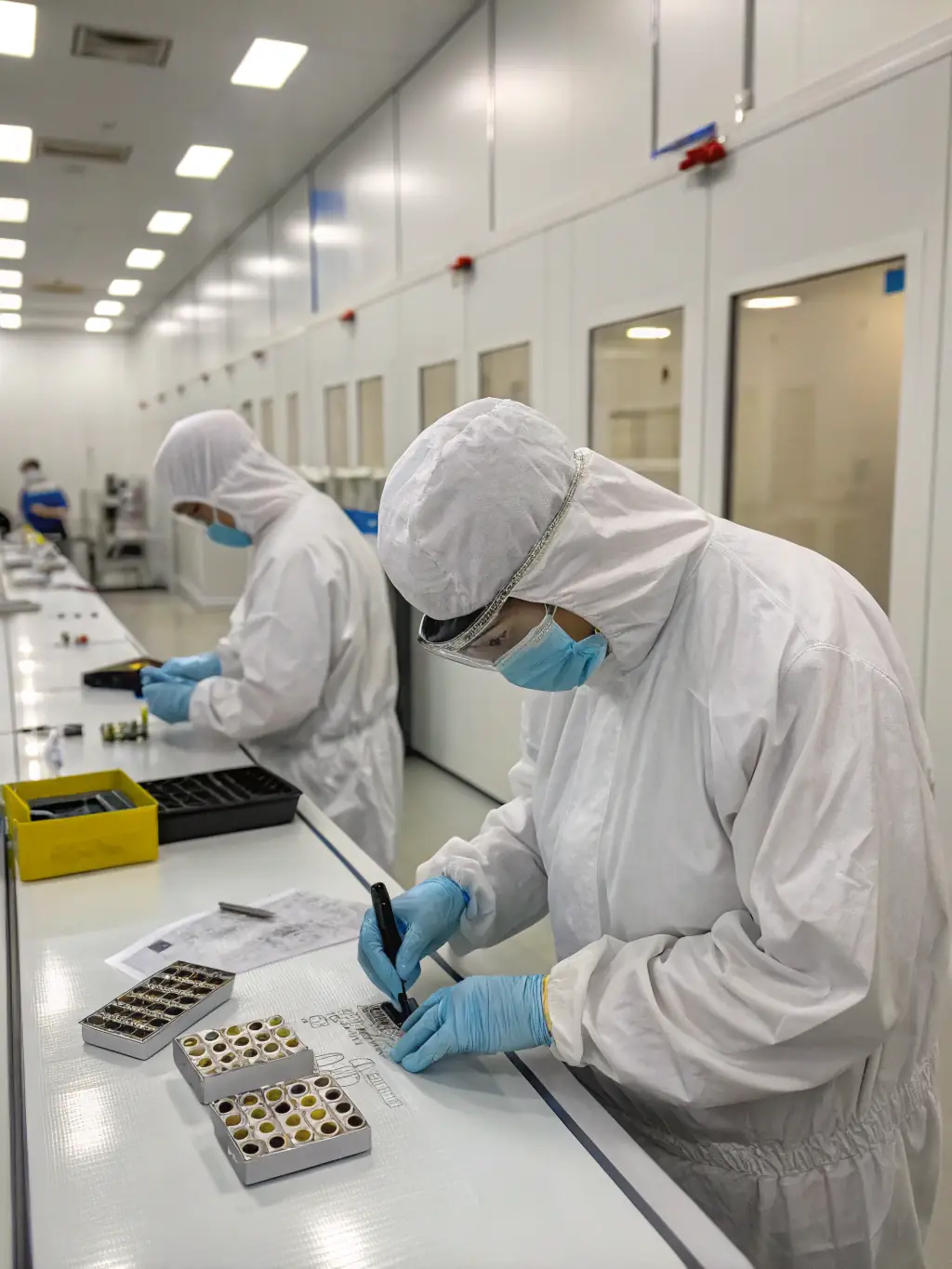A clean and organized production line in a Guangzhou vape factory, with workers in protective gear assembling pod systems, highlighting adherence to FDA standards.