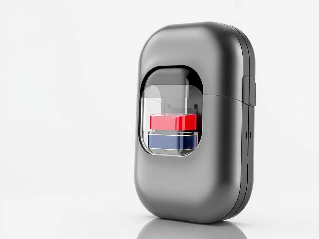 A close-up shot of a modern pod system vape, highlighting its sleek design and refillable pod, set against a blurred background of a vape shop.